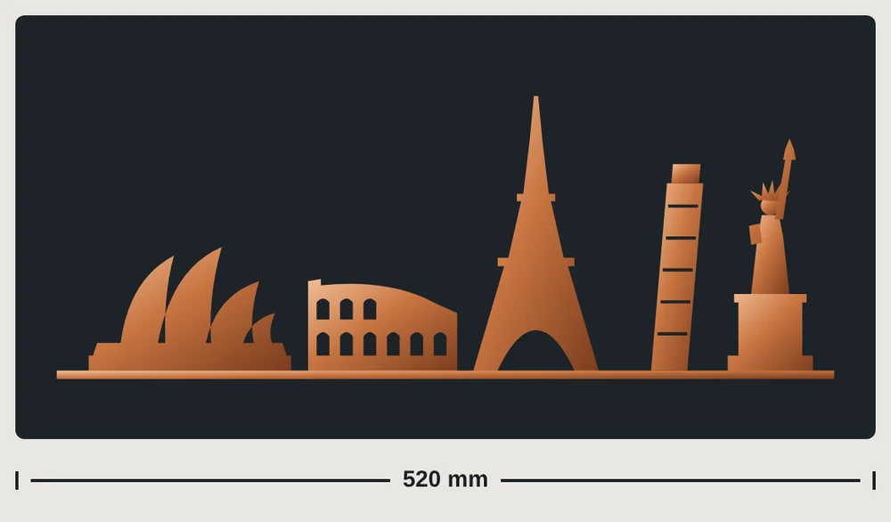 Detail of the copper blade: Sydney Opera House, Colosseum, Eiffel Tower, Leaning Tower of Pisa and Statue of Liberty, 520 mm wide